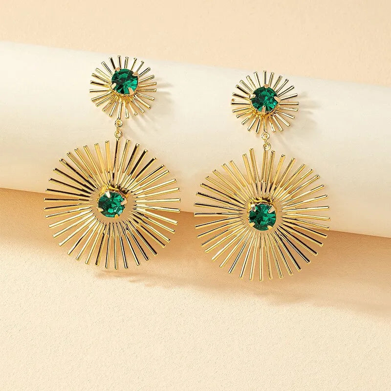 Green Stone Big Metal Dangle Earring Post for Women Gold Color Vintage Geometric Statement Drop Earrings New Style