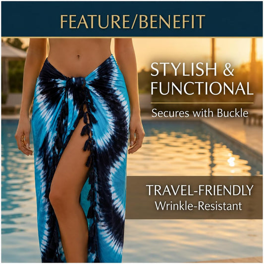 Beach Long Batik Sarong Womens Swimsuit Wrap Cover up Pareo with Coconut Shell Included (Blue)